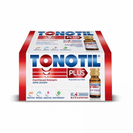 Tonotil Plus Συμπλήρωμα με 4 Αμινοξέα, Βιταμίνη Β12 & Καρνιτίνη για Μεγάλη Ενέργεια & Δύναμη 15 Πόσιμες Αμπούλες