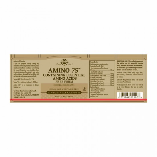 Solgar Amino 75 Essential Amino Acids Σύμπλεγμα Αμινοξέων 90 φυτικές κάψουλες