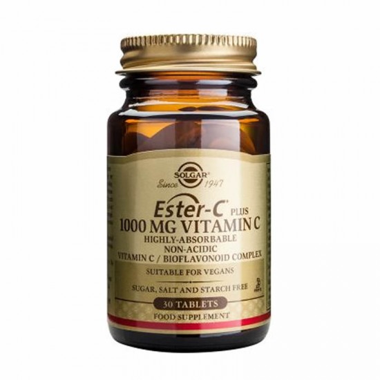Solgar Ester C Συμπλήρωμα διατροφής Βιταμίνης C 1000mg ,μη όξινη μορφή βιταμίνης C που απορροφάται περίπου τέσσερις φορές περισσότερο, 30tabs. 