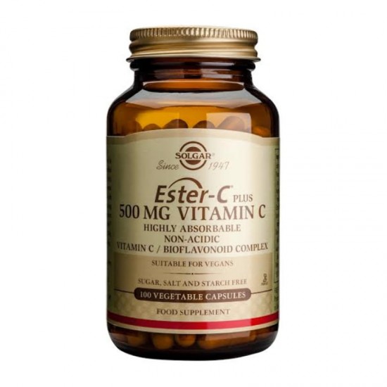 Solgar Ester C Συμπλήρωμα διατροφής Βιταμίνης C 500mg ,μη όξινη μορφή βιταμίνης C που απορροφάται περίπου τέσσερις φορές περισσότερο, 100 veget.tabs.