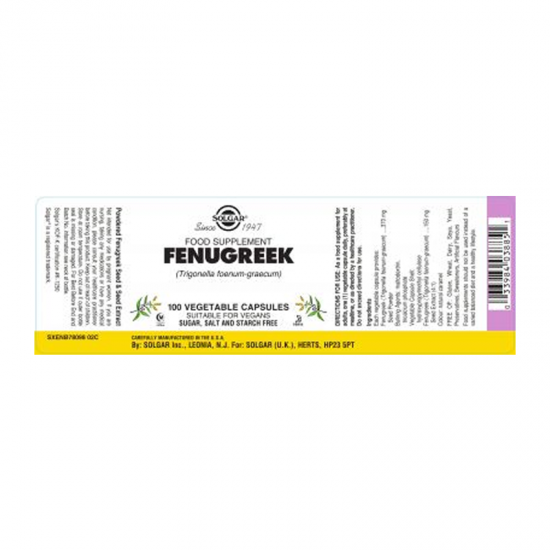 Solgar Fenugreek 520mg Συμπλήρωμα διατροφής από εκχύλισμα και σπόρους Τριγωνέλλας, χρήσιμο για τη μείωση της χοληστερίνης και τον έλεγχο των επιπέδων σακχάρου στο αίμα, Δρα θετικά σε περίοδο γαλουχίας της γυναίκας,100 φυτ. κάψουλες.