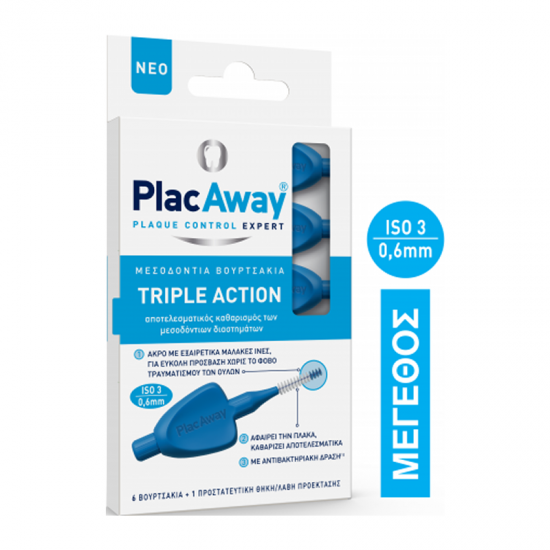 PlacAway Triple Action Μεσοδόντια Βουρτσάκια ISO 3 Μπλε 0.6mm 6 Τεμάχια