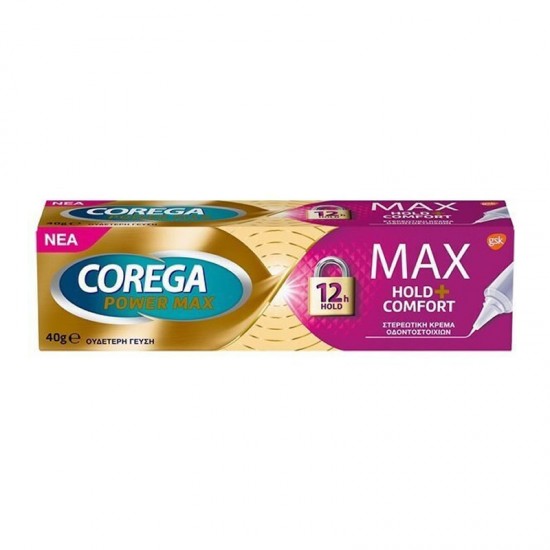 Corega Max Hold+Comfort Cream 40g - Στερεωτική Κρέμα για Τεχνητές Οδοντοστοιχίες που Συγκρατεί Όλη Μέρα με Ουδέτερη Γεύση